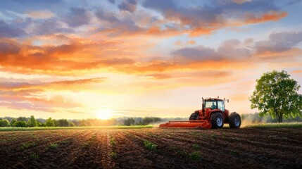 Fototapeta premium Sunset Scene with Tractor on Fields Under Beautiful Orange and Blue Sky