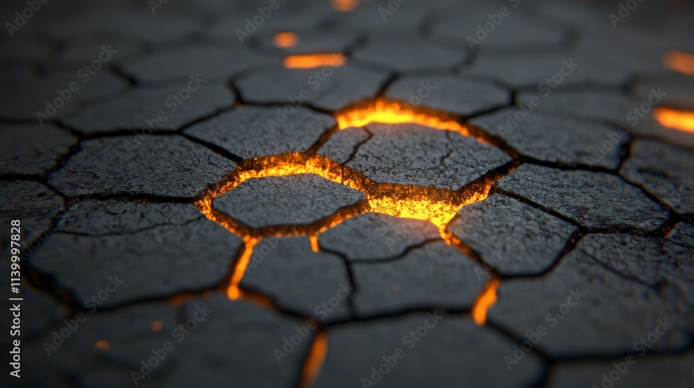 Poster glowing cracks in dark stone abstract hexagon texture background