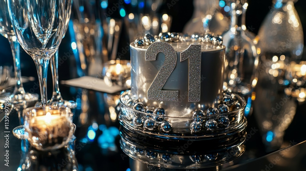 Poster a silver cake with the number 21 on it sits on a table