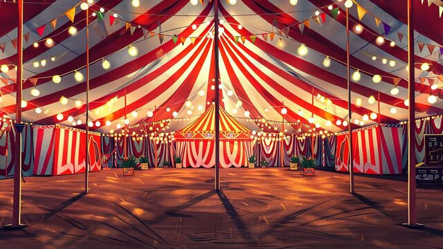 Vibrant carnival tent illuminated at night with festive lights and decorations