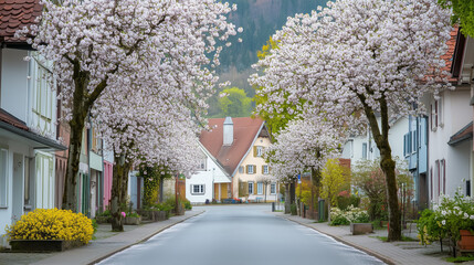 A peaceful village street lined with blossoming trees and quaint houses