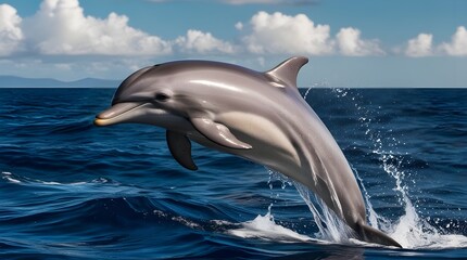 Two dolphins jumping out of the water in the ocean