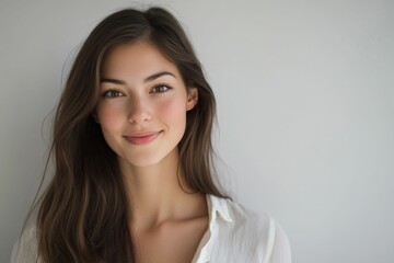Fototapeta premium Smiling young woman, long brown hair, white shirt.