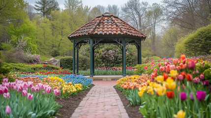 A garden gazebo surrounded by colorful spring flowers and climbing vines