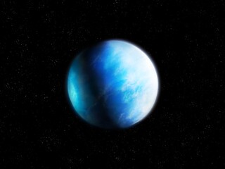 Planet with a solid surface, water and oxygen. An exoplanet similar to Earth. Habitable alien world.