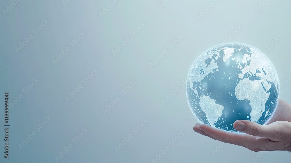 Poster an abstract representation of a world map features a global network concept in a modern office setti