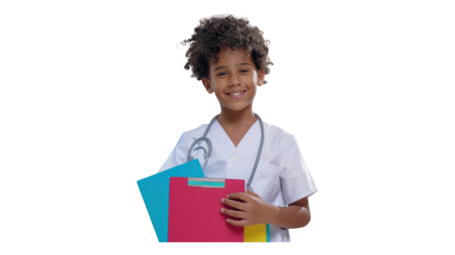 Young aspiring doctor holds colorful files with a bright smile