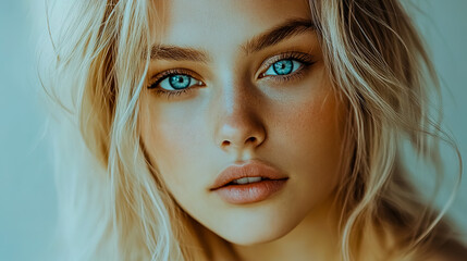 Naklejka premium Portrait of a stunning blonde woman with captivating blue eyes, against a clean white backdrop.