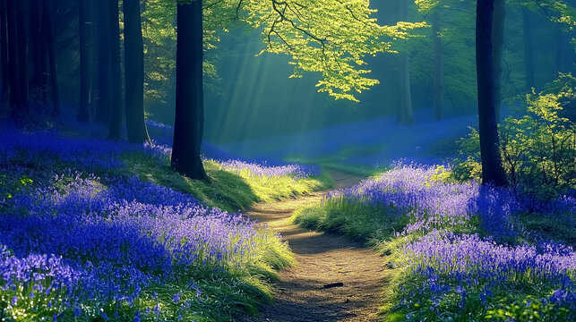 A path leading through a field of bluebells in a shaded forest clearing