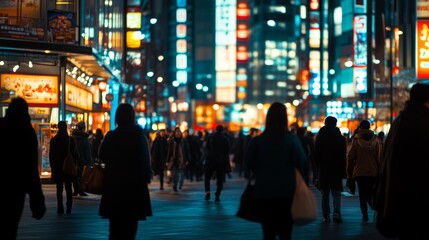 Bustling City Square at Night with Vibrant Lights
