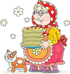 Funny granny holding a dish with tasty pancakes from sweet batter freshly baked in her traditional village oven for a festive table, vector cartoon illustration on a white background