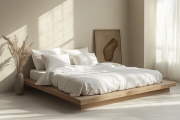 Minimalist bedroom with a light linen duvet and wooden platform bed, bathed in sunlight.