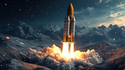 Rocket launches amid mountain landscape during testing phase at twilight