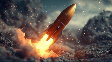 Rocket testing activity in a dramatic landscape with fiery propulsion