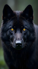 Close-up of black wolf with bright yellow eyes on dark background. Wet Canadian wolf in pouring rain. Banner with wild animal in natural habitat. Wildlife scene.