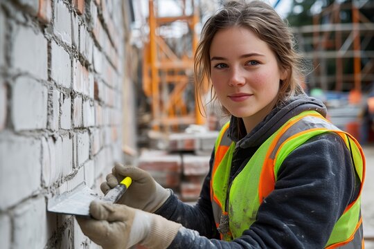 Young female construction worker laying bricks on a jobsite with focus and skill.