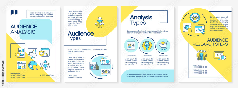 Poster audience analysis blue and yellow brochure template. customers data researching for e commerce. leaf