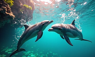 Obraz premium Underwater photography two dolphins swimming close together crystal