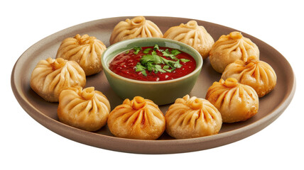 Savory momos served with a vibrant dipping sauce on a decorative plate in a warm setting