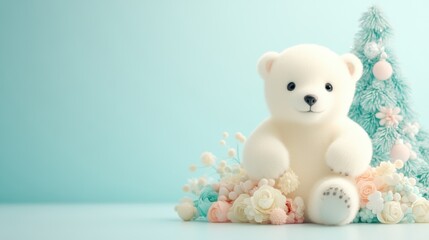 Obraz premium A cute, fluffy polar bear plush sits among pastel-colored flowers and a small decorative tree, perfect for holiday or children's themed projects, gift cards, or nursery decor,