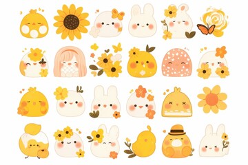Obraz premium A colorful collection of cute characters and floral motifs in yellow tones.