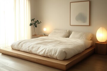 Minimalist bedroom with a low platform bed, white linens, and soft lighting, creating a serene atmosphere.