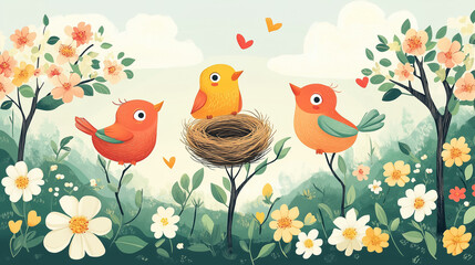A bright vector illustration of birds building nests in flowering trees against a cheerful spring sky