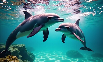 Obraz premium Underwater photography two dolphins swimming close together crystal