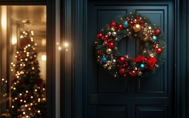 A festive Christmas wreath with colorful ornaments and sparkling lights on a modern door