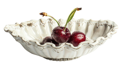 Freshly picked cherries gleam in a rustic porcelain bowl against a vibrant yellow background