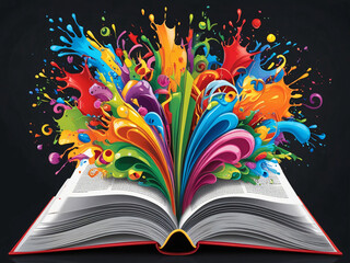 An open book displays colorful splashes and abstract shapes bursting from its pages, symbolizing the power of imagination and creativity. The dark background enhances the vivid colors.