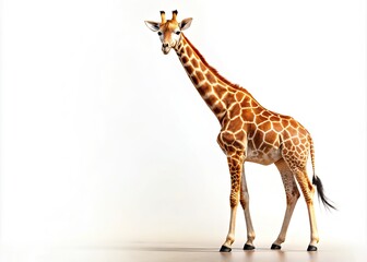 Naklejka premium A stunning wildlife photograph of a giraffe, its elegant neck extending against a pristine white backdrop.