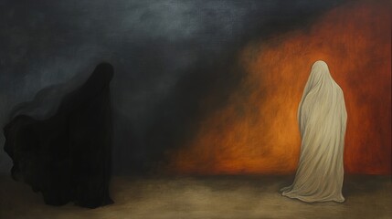 Two figures stand in a hazy, contrasting light. The one on the left is shrouded in darkness, while the other is bathed in a warm, orange glow.