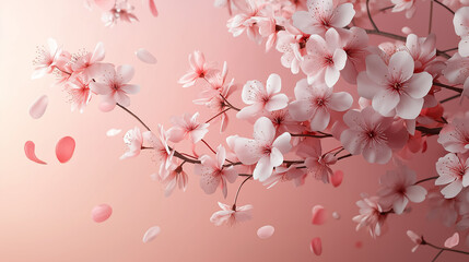 Fototapeta premium Cherry blossom branches with subtle 3D effects and petals floating against a gradient pink background