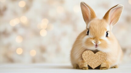 A cute rabbit holds a sparkling gold heart, surrounded by a softly blurred background, This charming image is perfect for greeting cards, social media posts