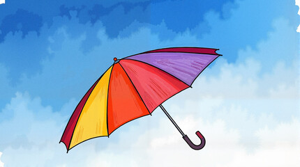 Colorful illustration of a striped umbrella against a blue sky with clouds