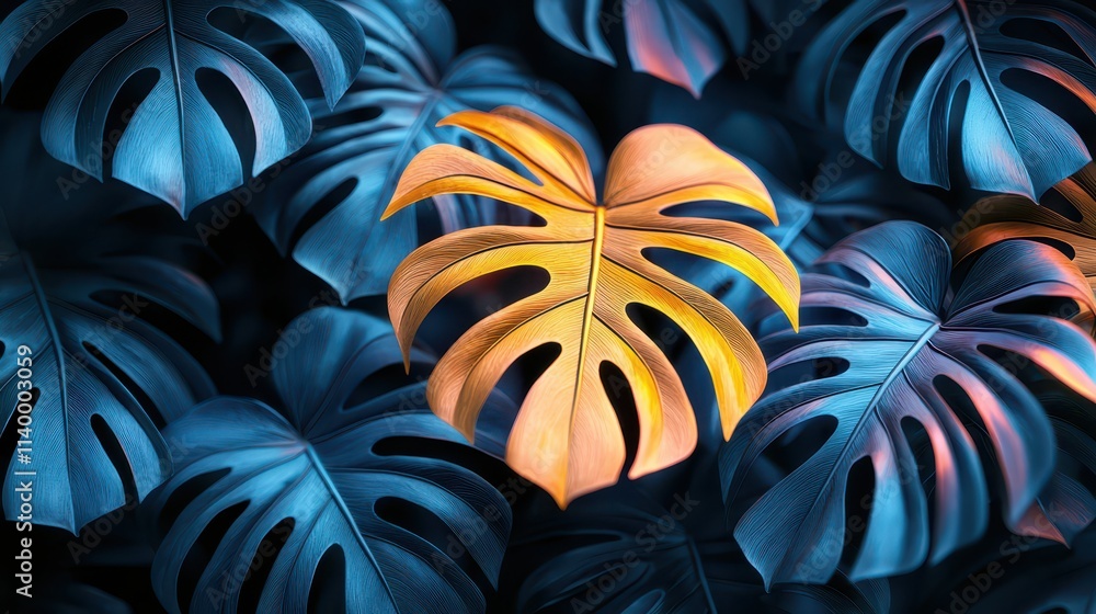 Poster vibrant neon leaves create an artistic display with unique colors and patterns