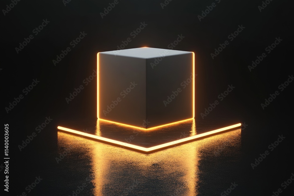 Poster a minimalistic 3d render of a white cube illuminated by warm neon orange lines on a dark surface.