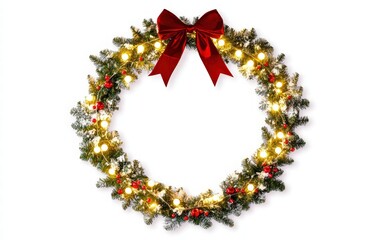 A large circular sign decorated with mistletoe and a bow, glowing softly with holiday lights, on a bright white background