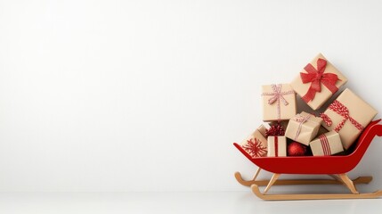 A festive red sleigh filled with beautifully wrapped gifts creates a cheerful holiday scene, Ideal for Christmas-themed marketing, greeting cards, or decoration inspiration,
