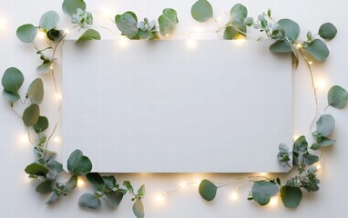 Fototapeta premium A metallic rectangular sign bordered with soft glowing fairy lights and sprigs of eucalyptus on a bright white background