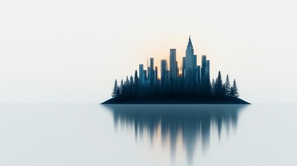 Fototapeta premium Cityscape Island Sunrise Silhouette Modern Architecture Forest Reflection