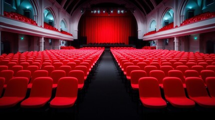 Fototapeta premium Empty Red Auditorium Seats Concert Hall Stage Performance Venue