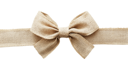 Beige burlap ribbon tied in rustic-style bow isolated on transparent background