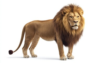 Obraz premium A proud adult lion standing tall with a flowing stylized mane, detailed fur, and a confident cartoonish look on a bright white background
