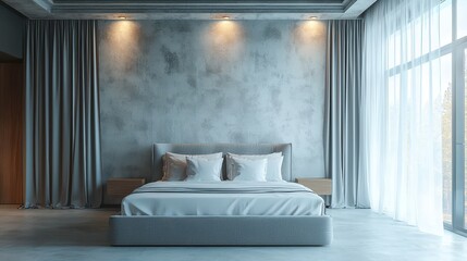 Luxurious modern bedroom design with a serene gray palette and natural light