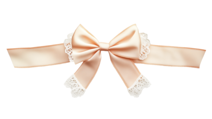 Peach ribbon with delicate lace trim tied in romantic bow isolated on transparent background