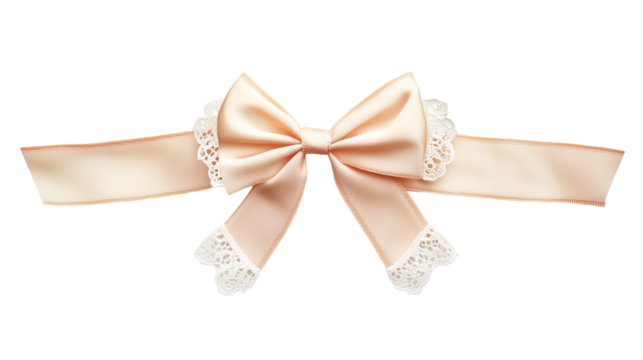 Peach ribbon with delicate lace trim tied in romantic bow isolated on transparent background