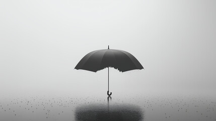 An open umbrella with a visible tear, rain droplets falling through, set in a minimalist scene