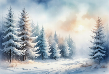 Fototapeta premium Snowy winter landscape with pine trees at sunrise